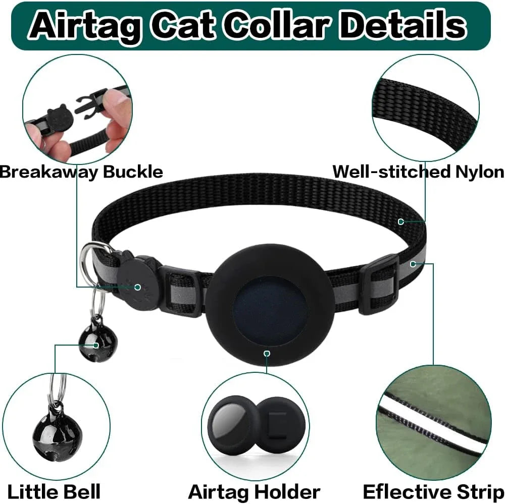 Airtag Cat Collar Breakaway, Reflective Kitten Collar with Apple Air Tag Holder and Bell for Girl Boy Cats, Lightweigh Necklace